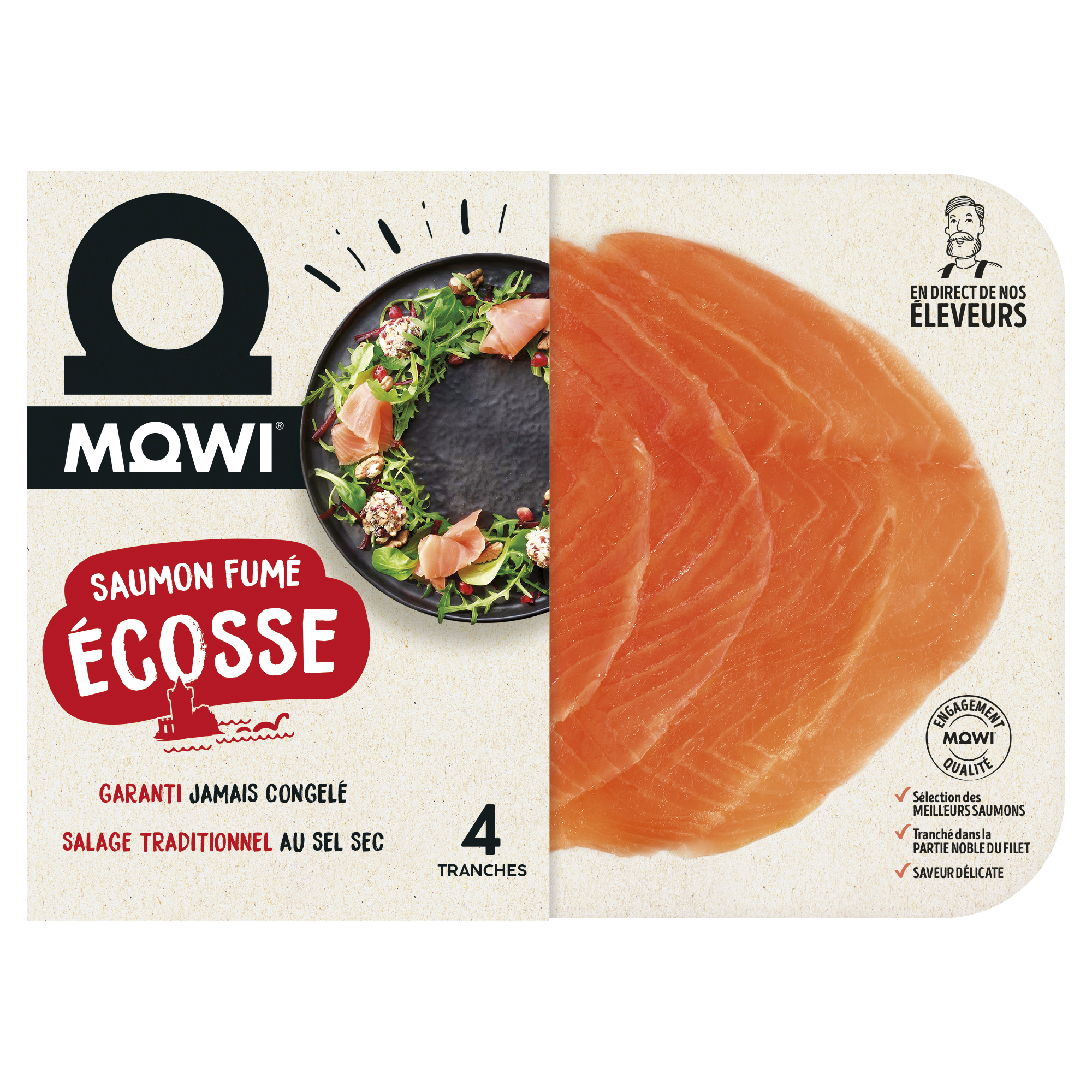 Saumon Fumé Écosse MOWI 4 tranches, jamais congelé, salage traditionnel.