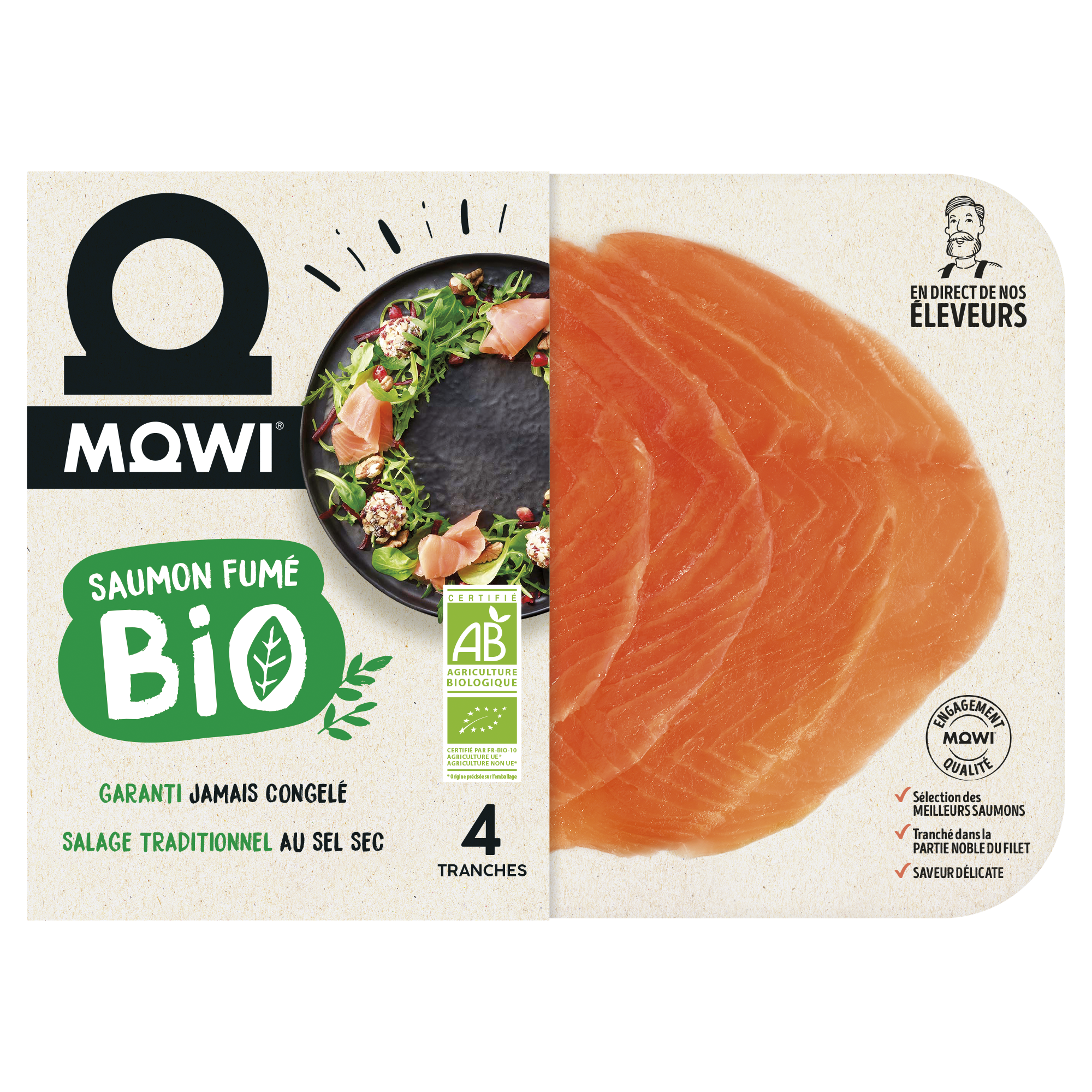 Saumon fumé bio Mowi, 4 tranches, jamais congelé, salage traditionnel, sélection des meilleurs saumons.