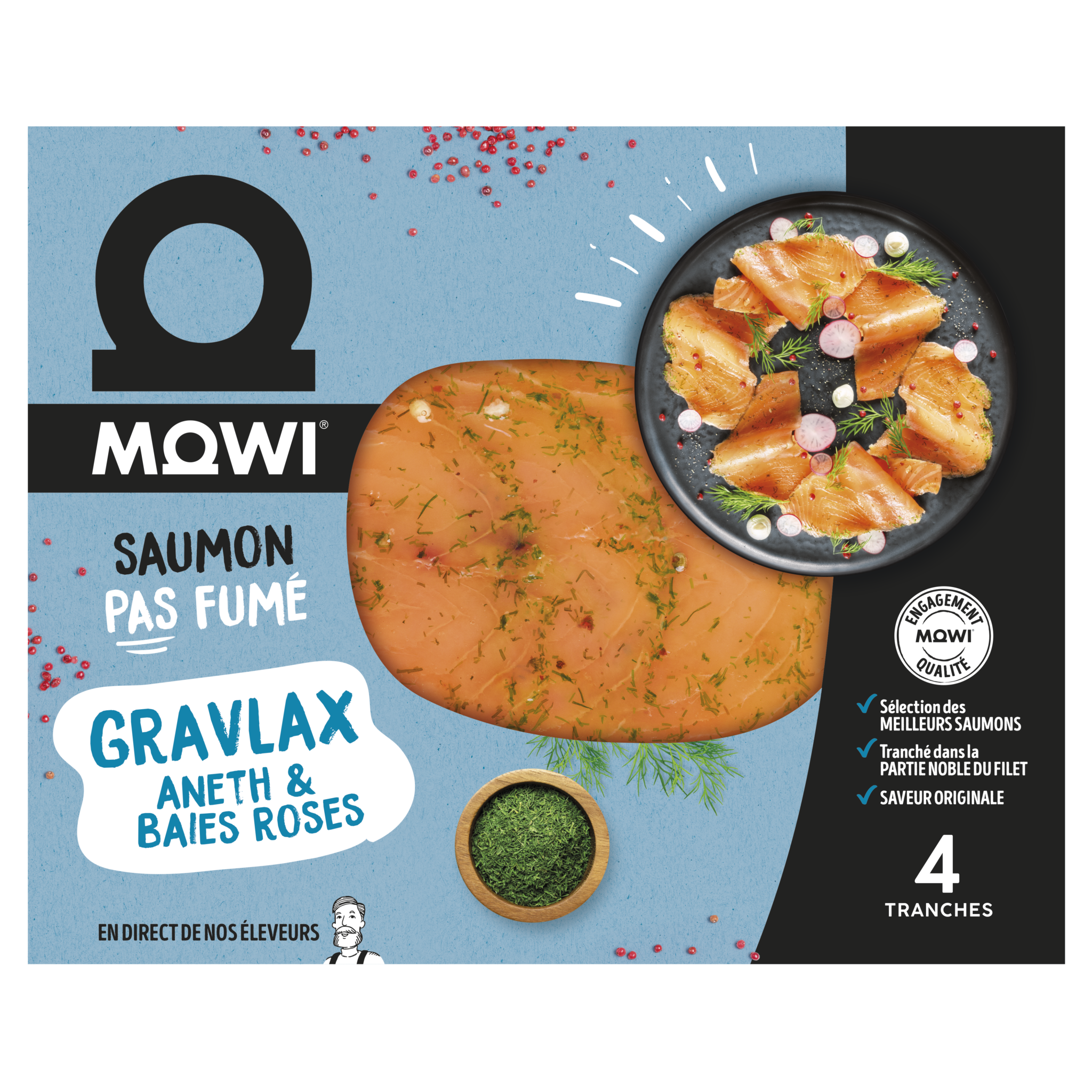Gravlax de saumon non fumé MOWI, à l'aneth et aux baies roses, 4 tranches.