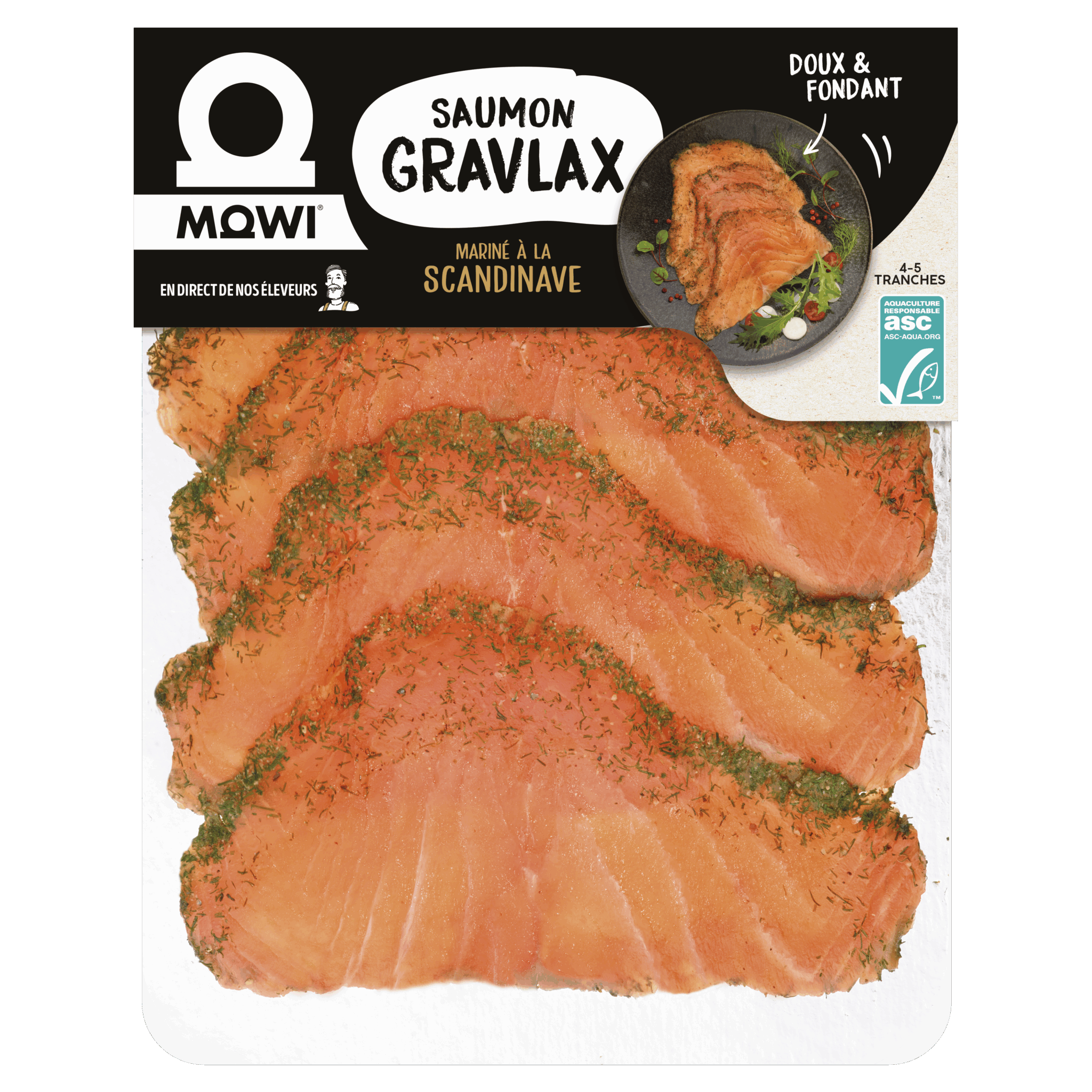 Tranches de saumon gravlax mariné à la scandinave, par Mowi.