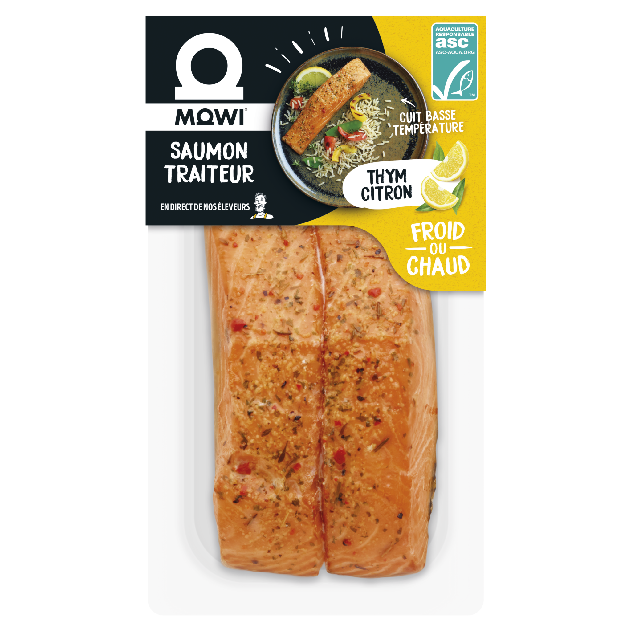 Filet de saumon traiteur Mowi aux herbes et au citron, cuit basse température.