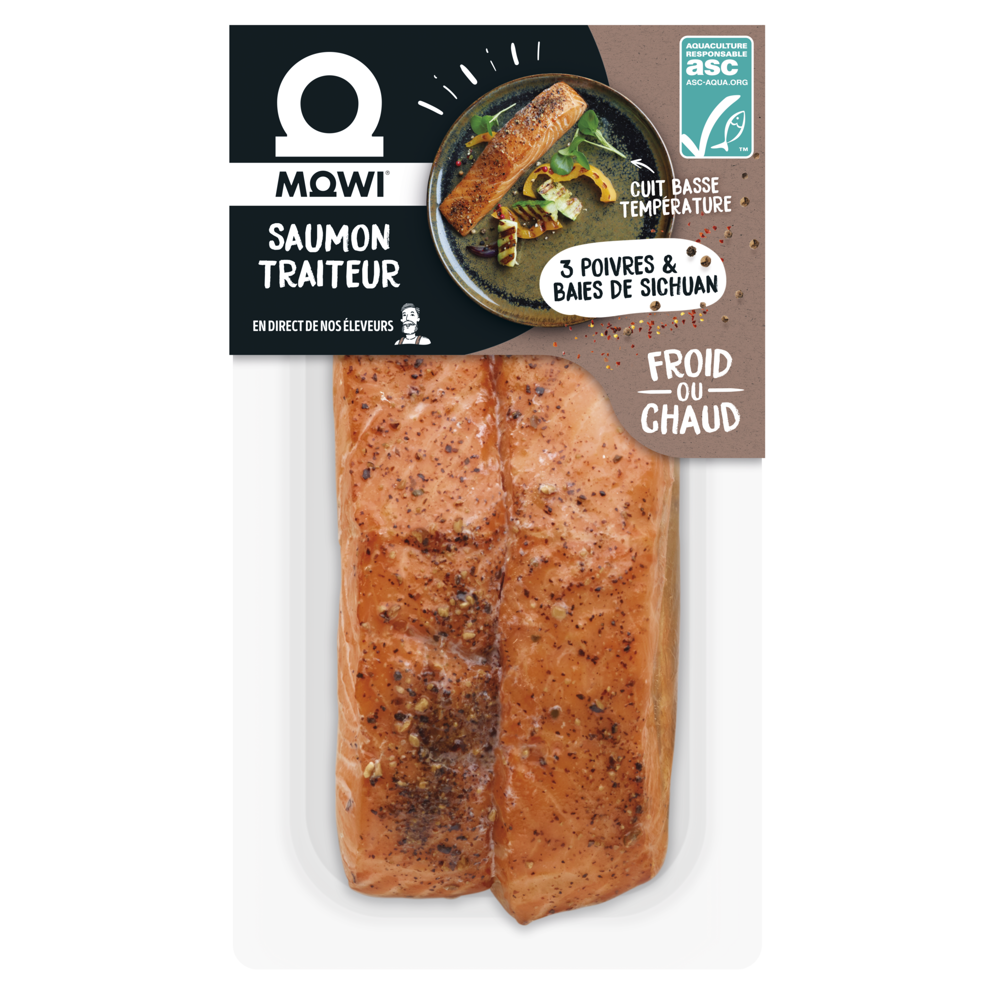 Pavé de saumon Mowi cuit à basse température, assaisonné de 3 poivres et baies de Sichuan.