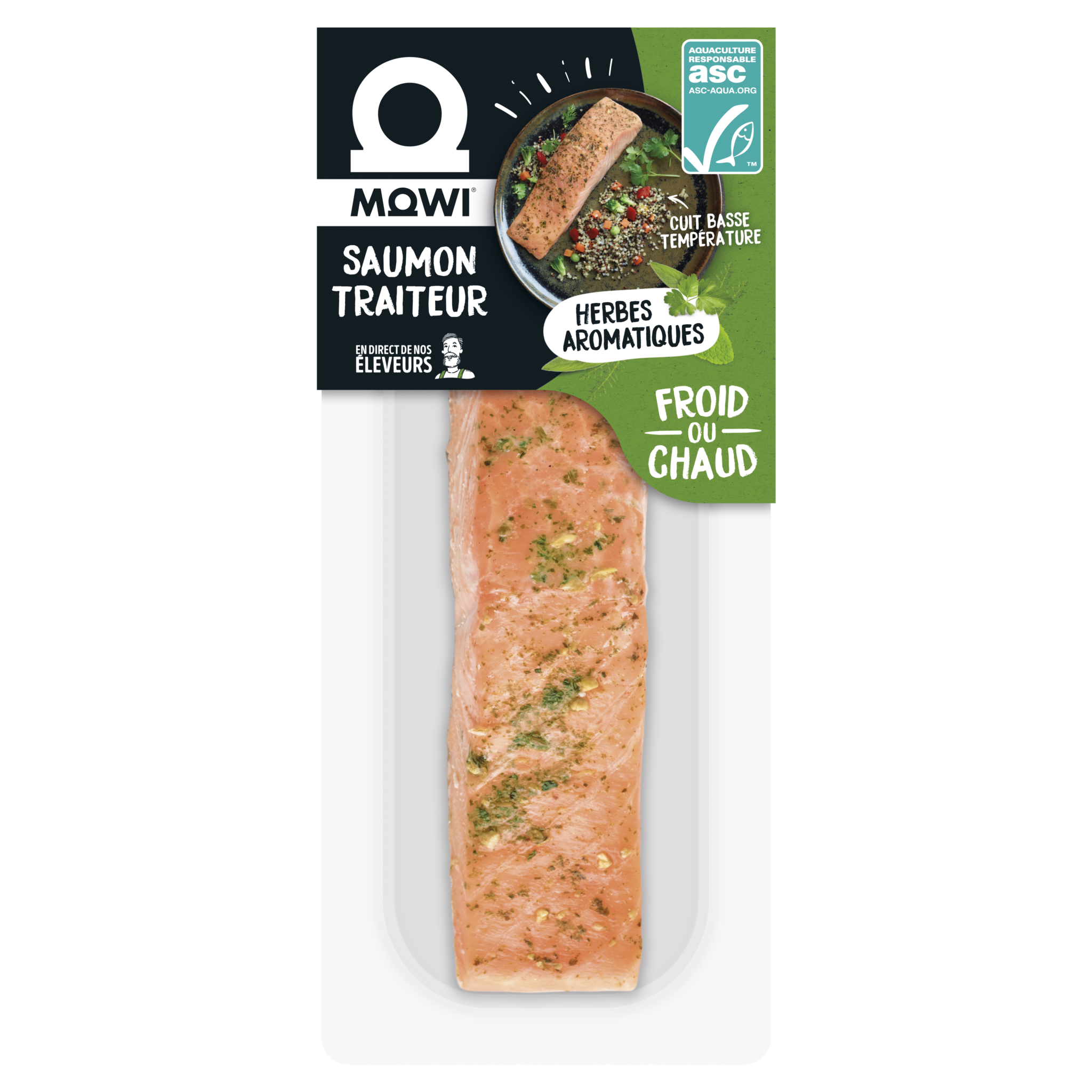 Saumon traiteur Mowi aux herbes aromatiques, cuit basse température.