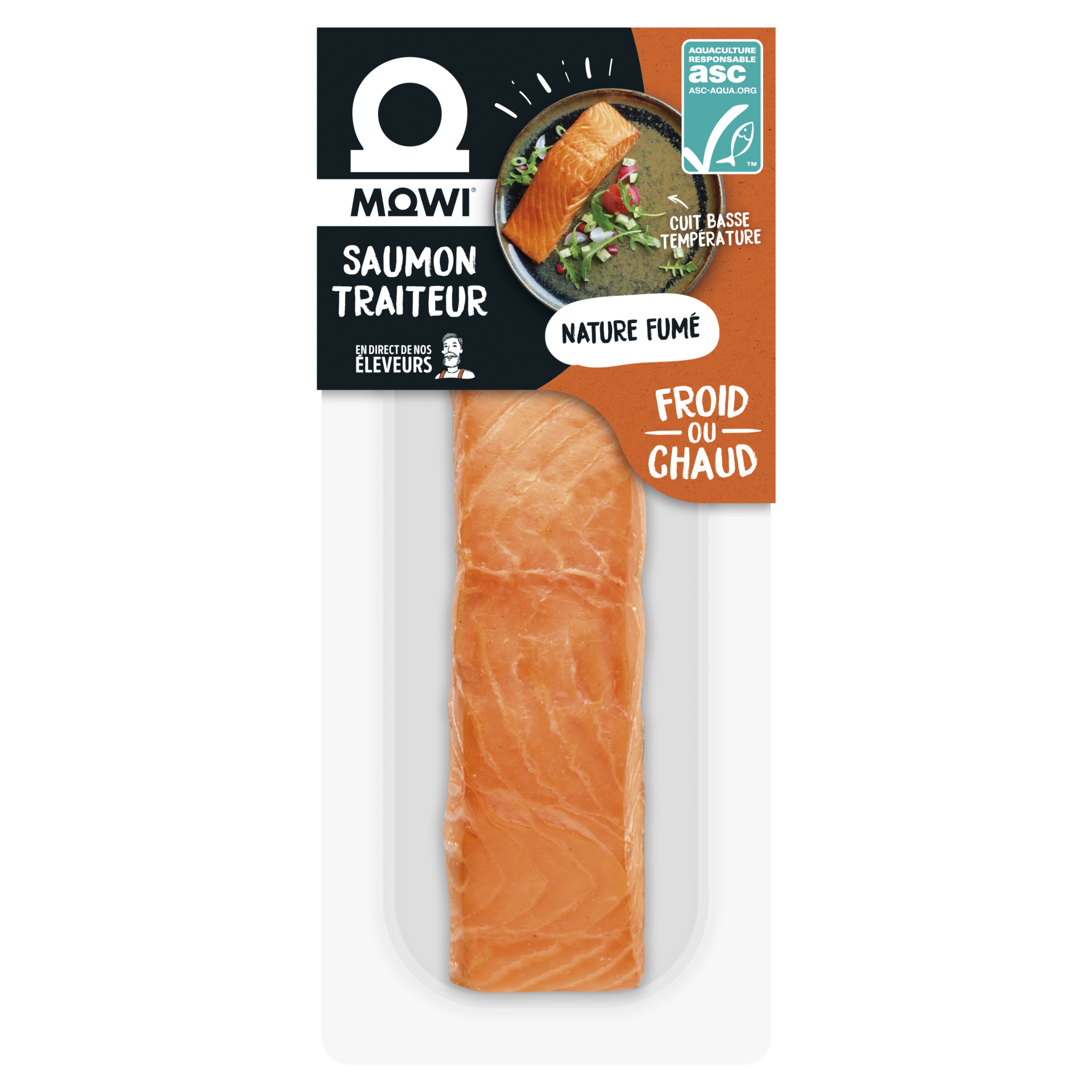 Mowi saumon fumé nature traité, cuit basse température, froid ou chaud.