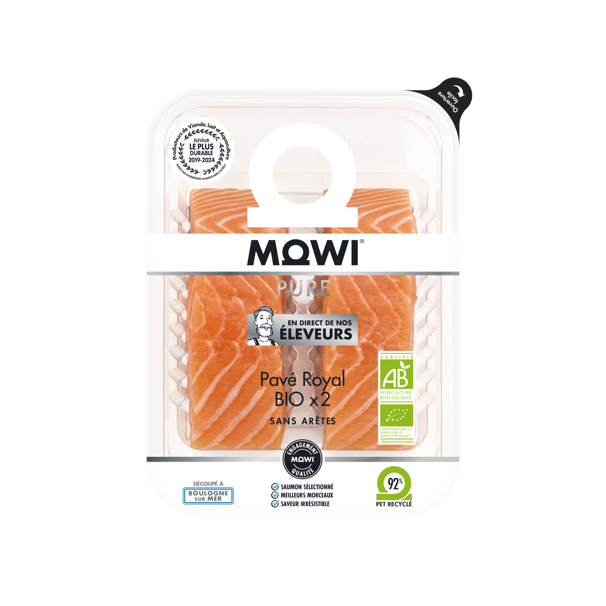 Pavé royal bio Mowi x2 sans arêtes, 92% PET recyclé.