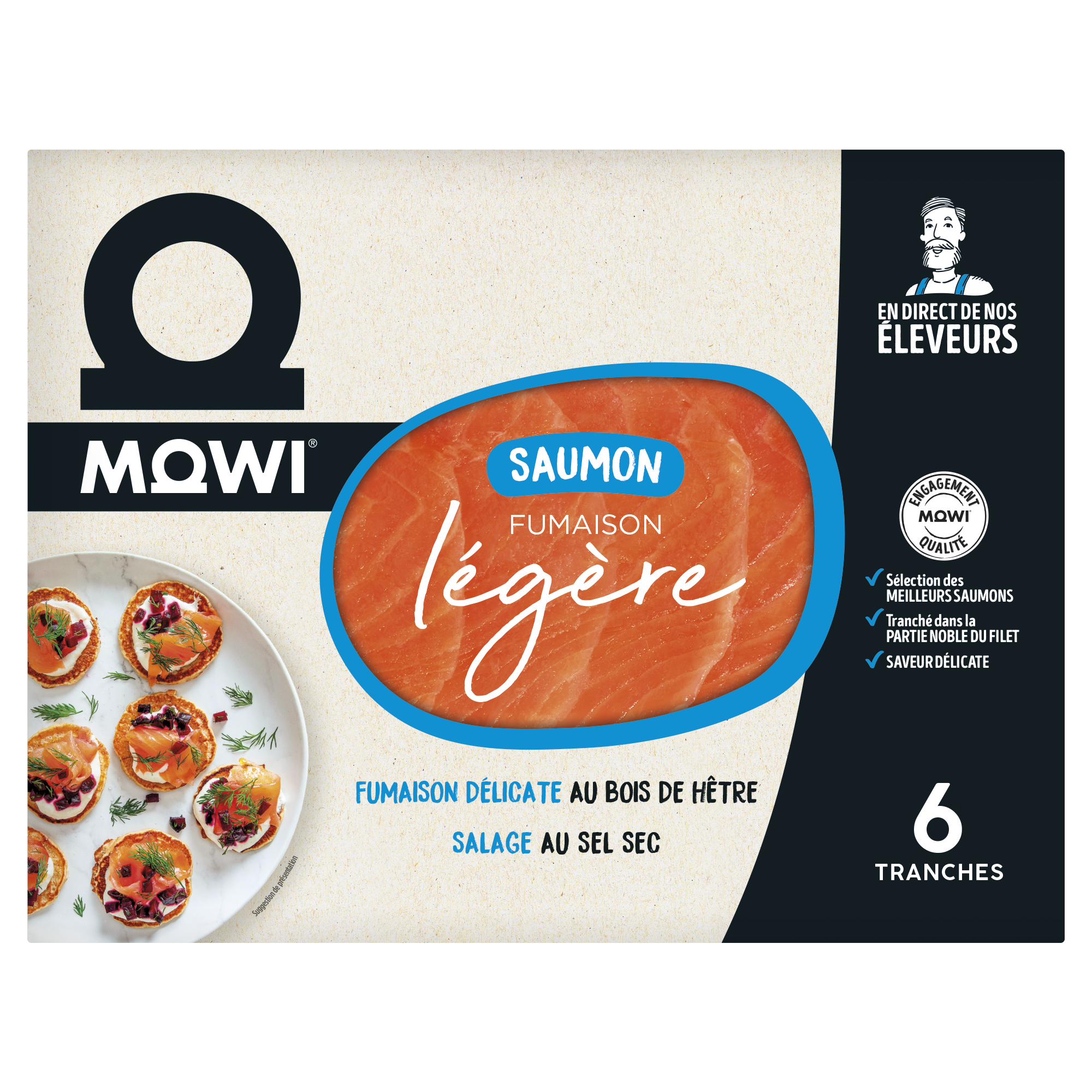 Saumon fumé léger Mowi tranché dans la partie noble du filet, 6 tranches.