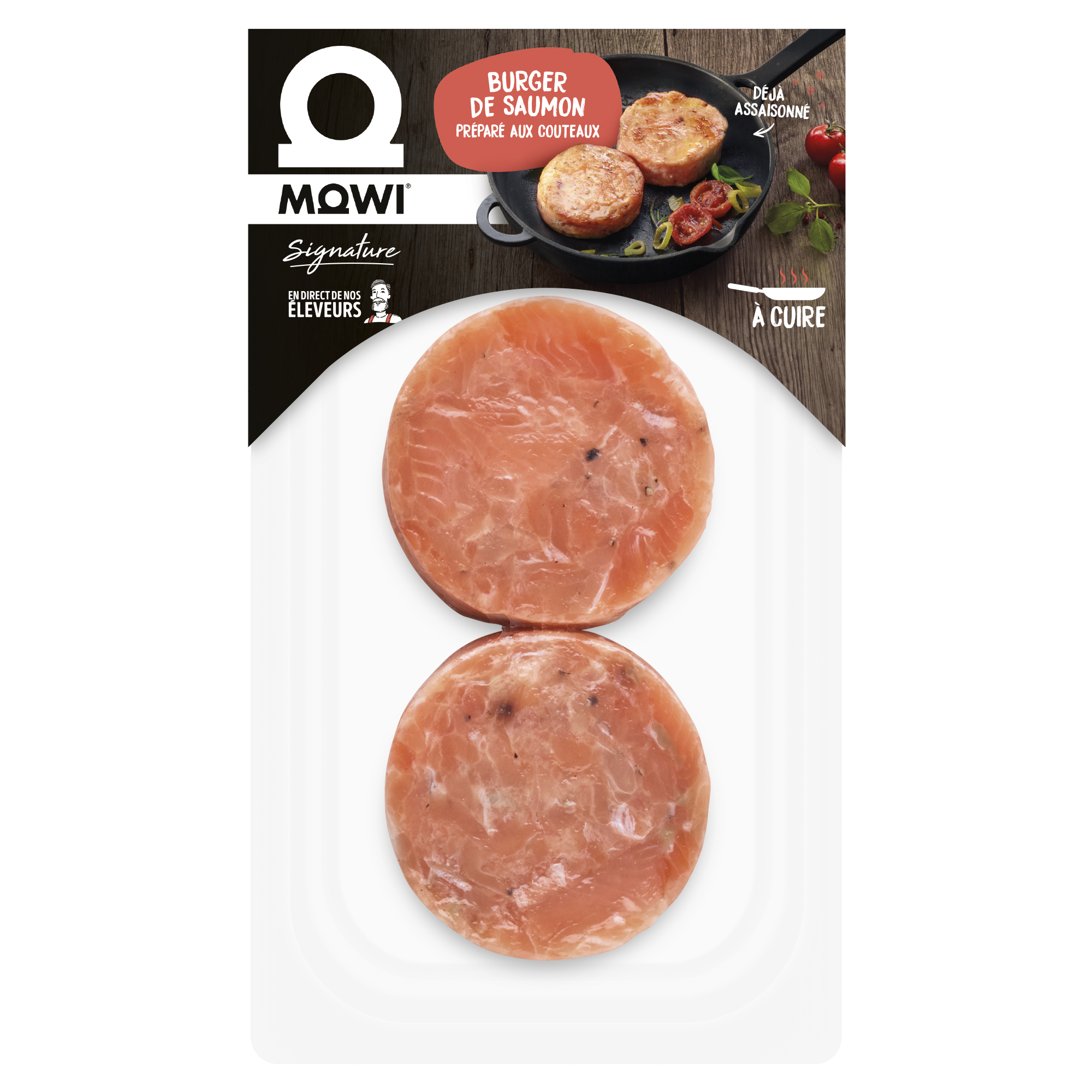 Burger de saumon Mowi Signature prêt à cuire, assaisonné.