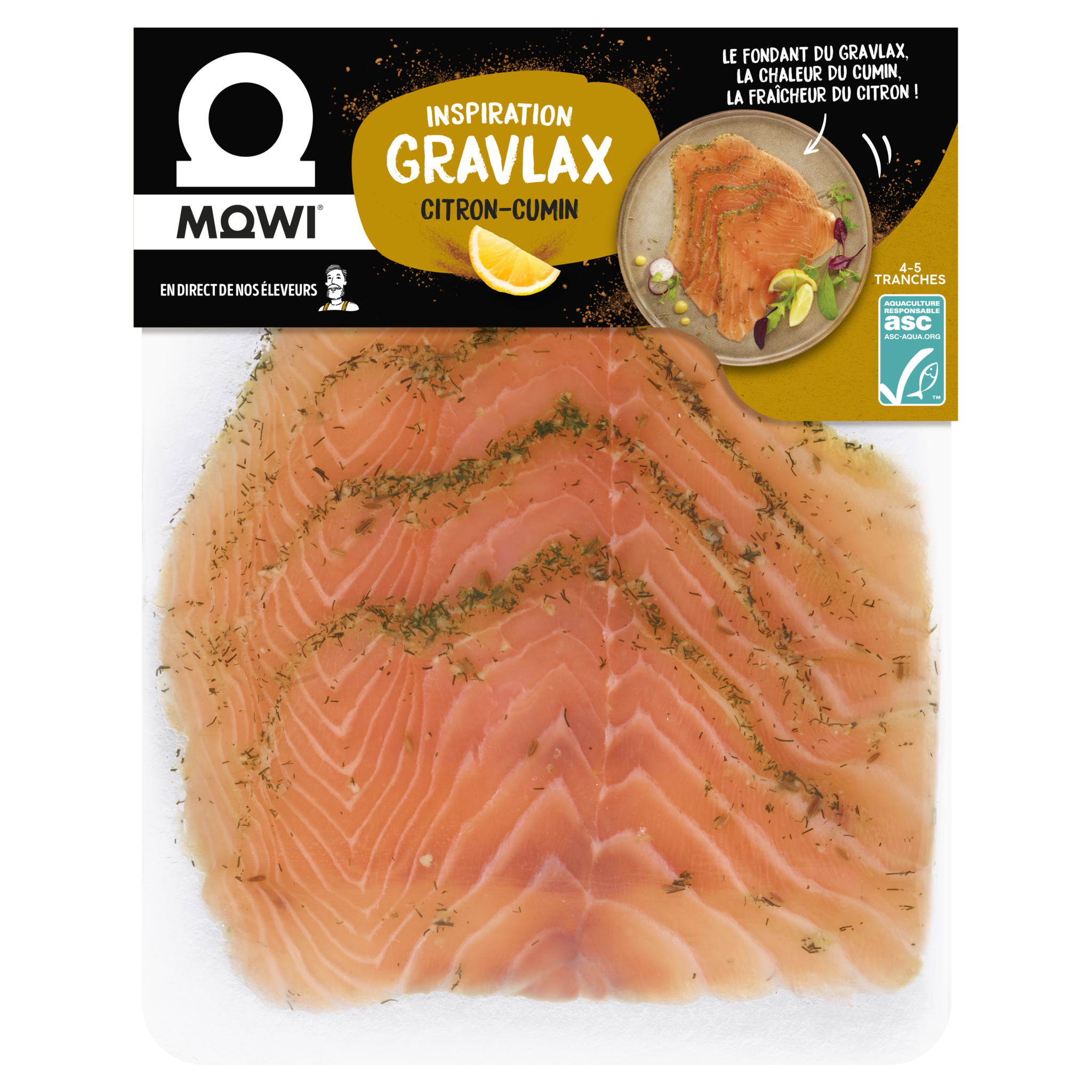 Gravlax de saumon citron-cumin, 4-5 tranches, emballage Mowi