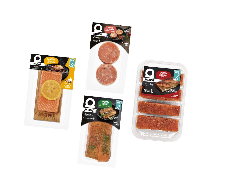 4 emballages de saumon Mowi : burgers, planche, cuisine, barbecue.