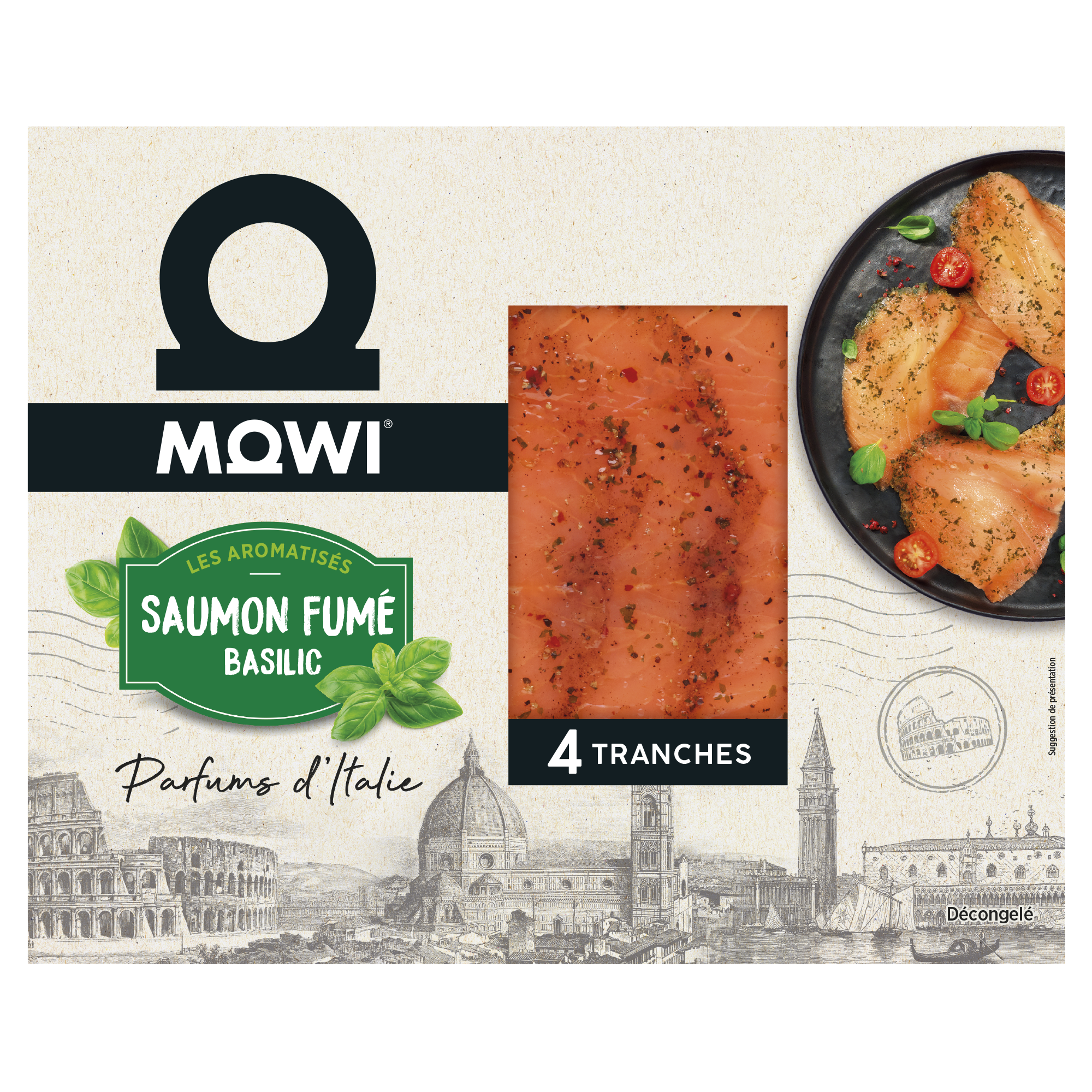 Saumon fumé basilic Mowi, 4 tranches, parfums d'Italie.