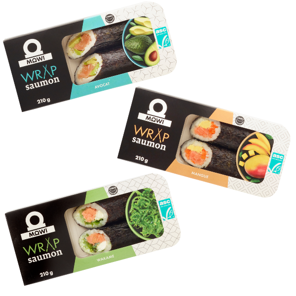 Trois emballages de wraps de saumon Mowi aux saveurs avocat, mangue et wakame.